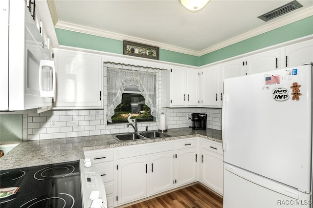 kitchen featuring white cabinetry, white appliances, sink, and ornamental molding