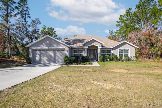 ranch-style house with a garage and a front yard