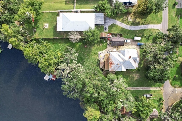 drone / aerial view featuring a water view