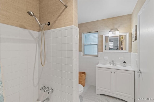 9125 N Abbot Dr, Citrus Springs, FL 34434 - bathroom with tile walls, toilet, shower / bathtub combination with curtain, vanity, and tile patterned floors
