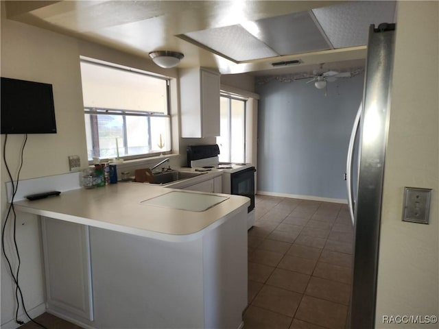 kitchen featuring white cabinets, sink, electric range, and kitchen peninsula