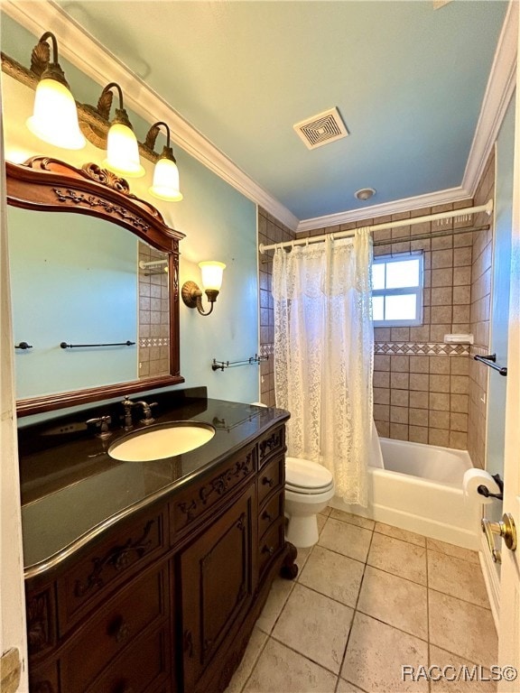 full bathroom with shower / bath combo, tile patterned flooring, crown molding, toilet, and vanity