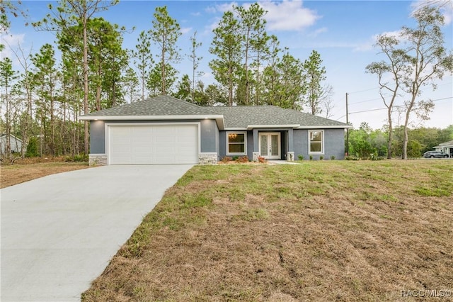 single story home with a garage, driveway, french doors, a front lawn, and stucco siding