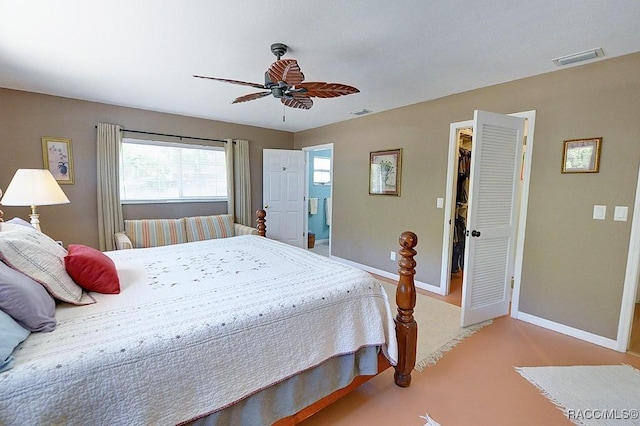bedroom featuring carpet flooring, baseboards, visible vents, and ceiling fan