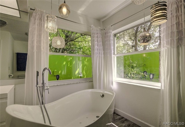 bathroom with hardwood / wood-style floors and a bath