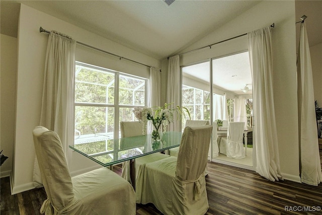 dining area with dark hardwood / wood-style flooring and lofted ceiling