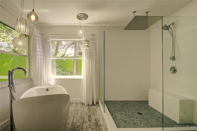 bathroom featuring hardwood / wood-style floors and independent shower and bath