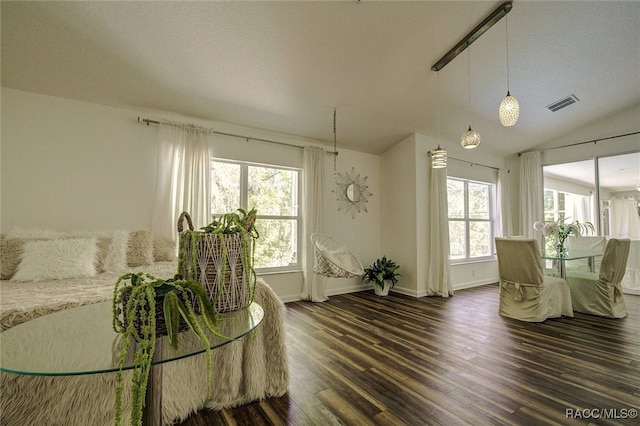 dining area with a textured ceiling, dark hardwood / wood-style flooring, plenty of natural light, and lofted ceiling