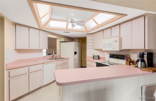 kitchen featuring ceiling fan, sink, white appliances, and kitchen peninsula