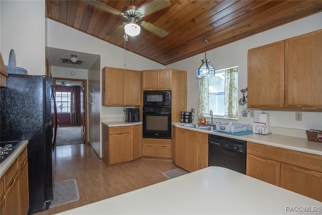 kitchen featuring ceiling fan, wooden ceiling, hanging light fixtures, light hardwood / wood-style flooring, and black appliances