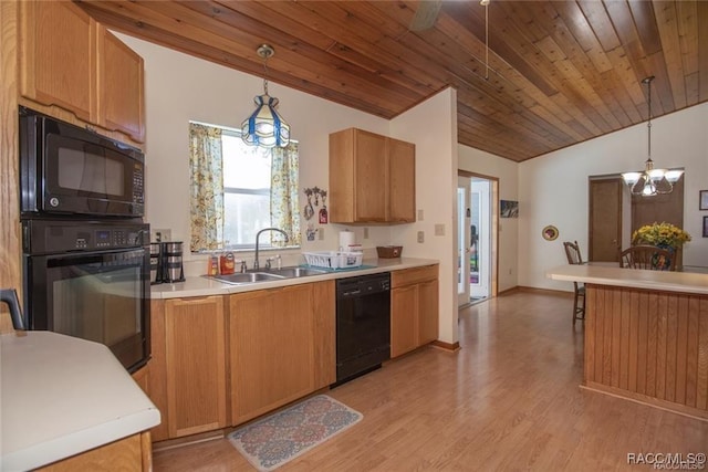 kitchen with pendant lighting, wooden ceiling, black appliances, sink, and light wood-type flooring