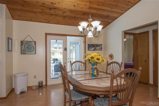 dining space featuring light wood-type flooring, wood ceiling, vaulted ceiling, and a notable chandelier