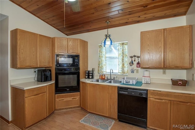 kitchen with wood ceiling, sink, black appliances, decorative light fixtures, and light hardwood / wood-style flooring