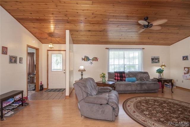 living room featuring ceiling fan, wood ceiling, vaulted ceiling, and light hardwood / wood-style floors