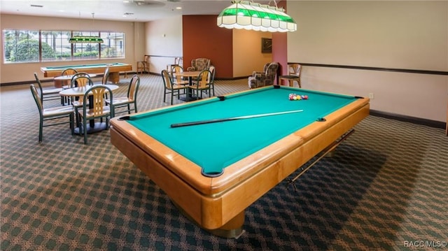 recreation room with carpet floors and billiards