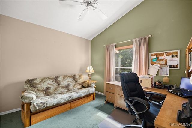 carpeted office space featuring high vaulted ceiling and ceiling fan