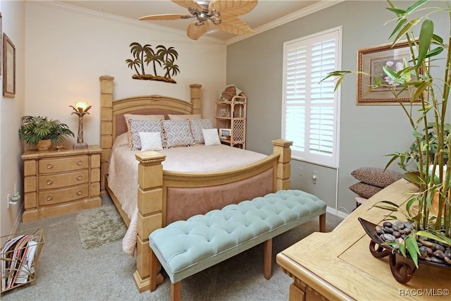 bedroom with ceiling fan, ornamental molding, and light carpet