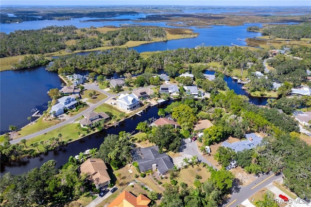 drone / aerial view with a water view