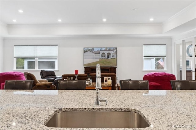 kitchen featuring light stone countertops, ornamental molding, and sink