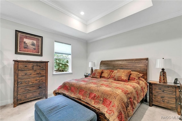 bedroom with light carpet and ornamental molding