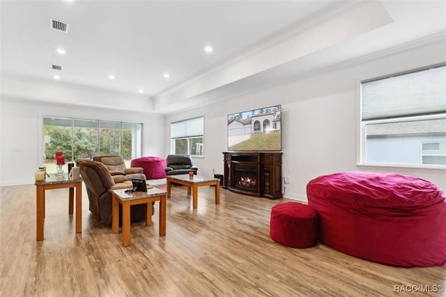 living room with a tray ceiling, crown molding, and light hardwood / wood-style flooring