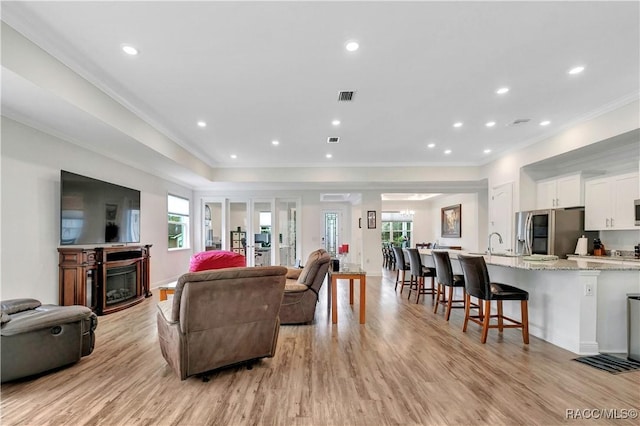 living room with ornamental molding, light hardwood / wood-style flooring, a healthy amount of sunlight, and sink