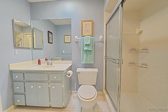 bathroom with tile patterned flooring, vanity, an enclosed shower, and toilet