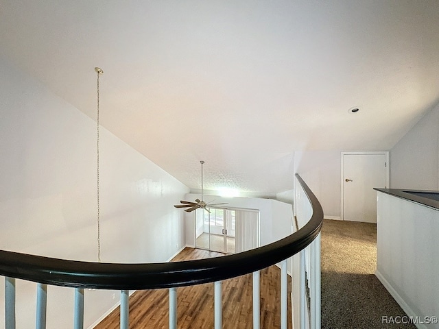 corridor featuring carpet floors and vaulted ceiling