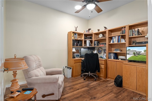 office area featuring ceiling fan and dark wood-type flooring