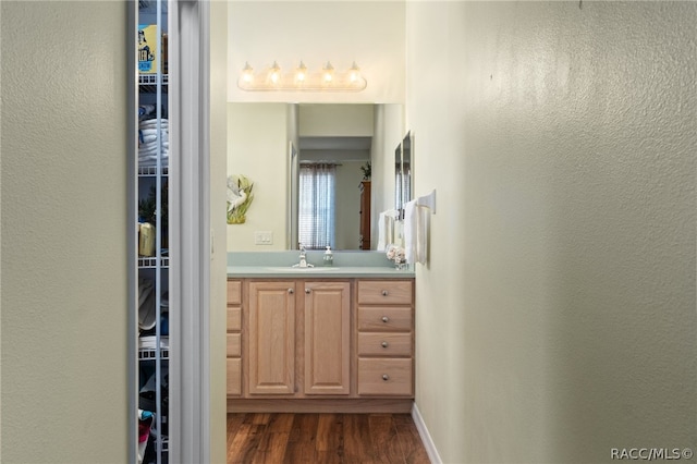 bathroom with vanity and wood-type flooring