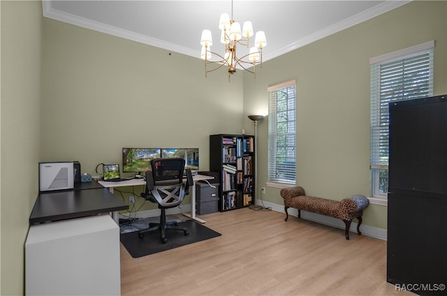 office area with crown molding, light hardwood / wood-style flooring, and a chandelier