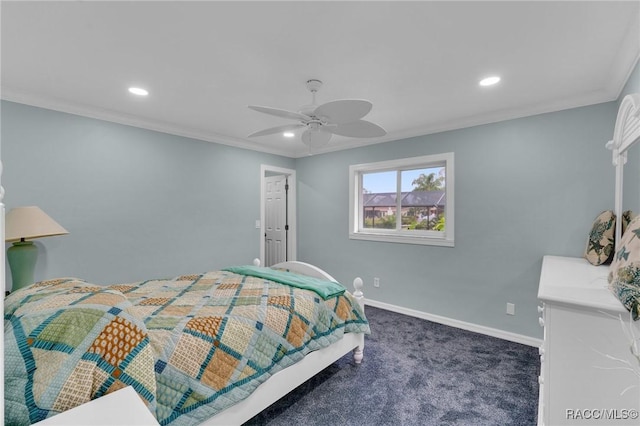 carpeted bedroom with ceiling fan and crown molding