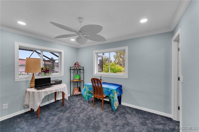 playroom featuring ceiling fan, crown molding, and dark colored carpet