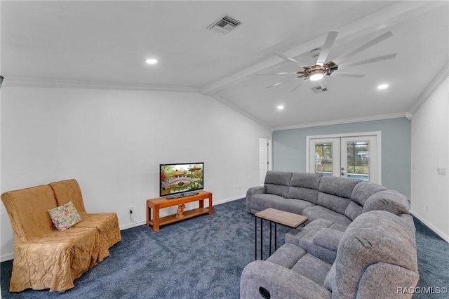 carpeted living room with ceiling fan, ornamental molding, lofted ceiling with beams, and french doors