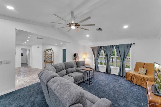 living room with ceiling fan, vaulted ceiling, and ornamental molding