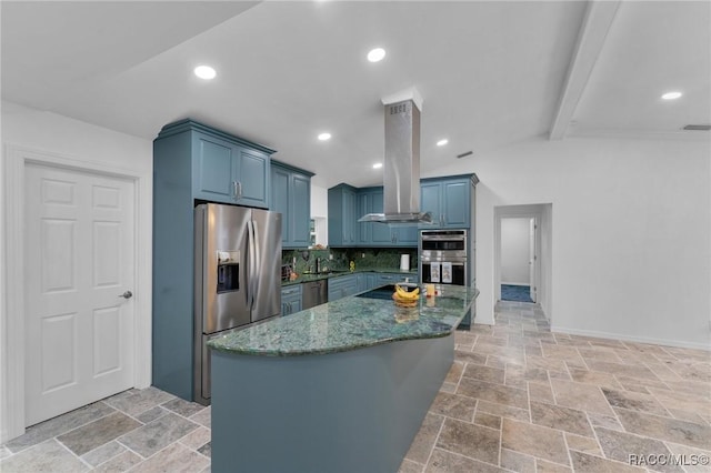 kitchen with island range hood, appliances with stainless steel finishes, backsplash, vaulted ceiling with beams, and a center island