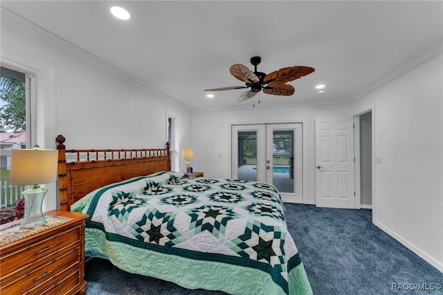 carpeted bedroom with ceiling fan, ornamental molding, access to outside, and french doors