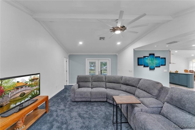 carpeted living room featuring ceiling fan, vaulted ceiling with beams, french doors, and crown molding