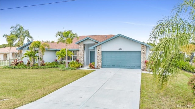 ranch-style home with a garage and a front yard