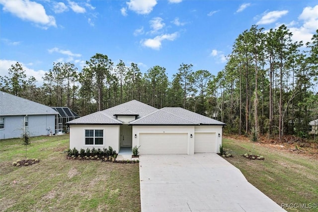 view of front of property with stucco siding, concrete driveway, glass enclosure, a garage, and a front lawn