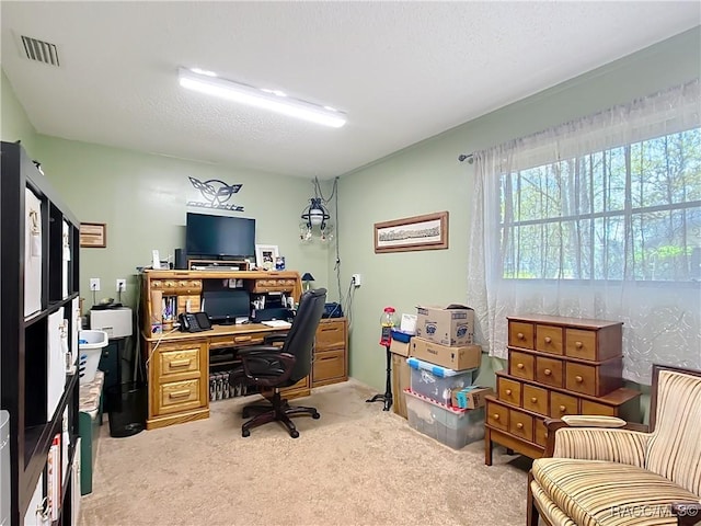 office featuring visible vents, a textured ceiling, and light colored carpet