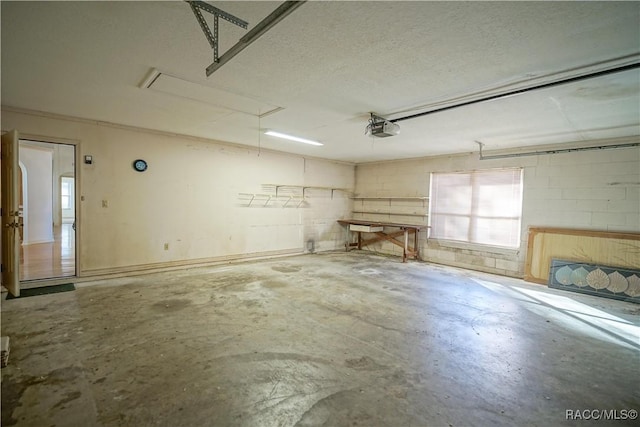 garage featuring a garage door opener and concrete block wall
