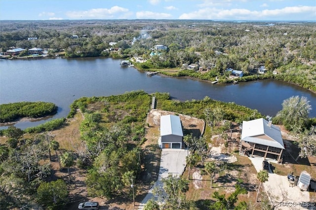 birds eye view of property featuring a water view and a wooded view