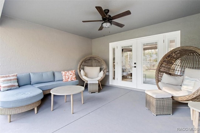 view of patio / terrace with ceiling fan, french doors, and an outdoor hangout area