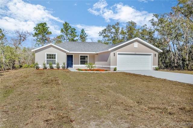 ranch-style house with a front yard and a garage