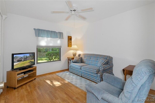 living room with ceiling fan and light hardwood / wood-style flooring