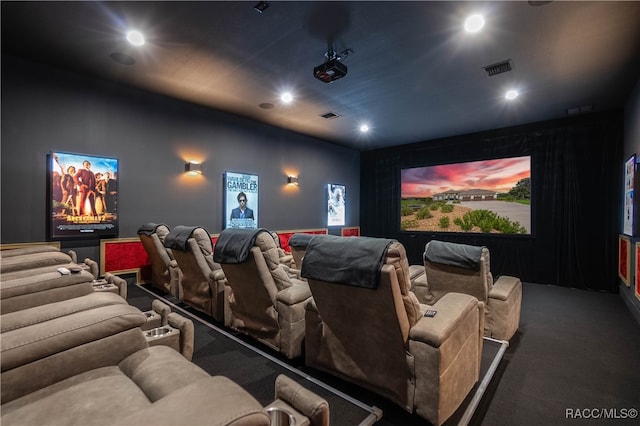 carpeted home theater featuring visible vents and recessed lighting