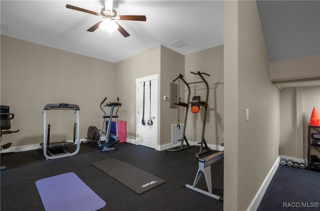 workout area featuring electric panel, ceiling fan, and baseboards