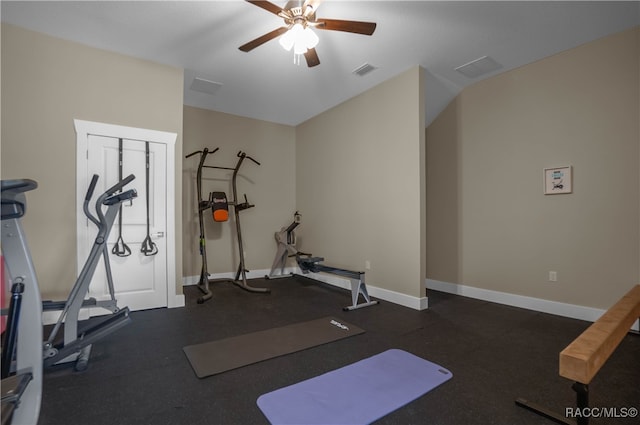 workout area featuring a ceiling fan, visible vents, and baseboards