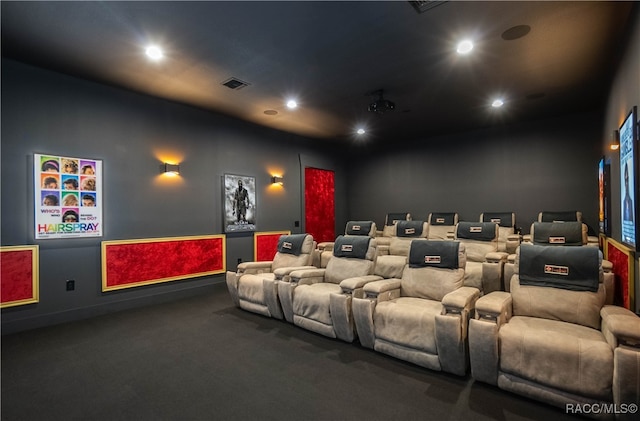 carpeted cinema featuring recessed lighting and visible vents